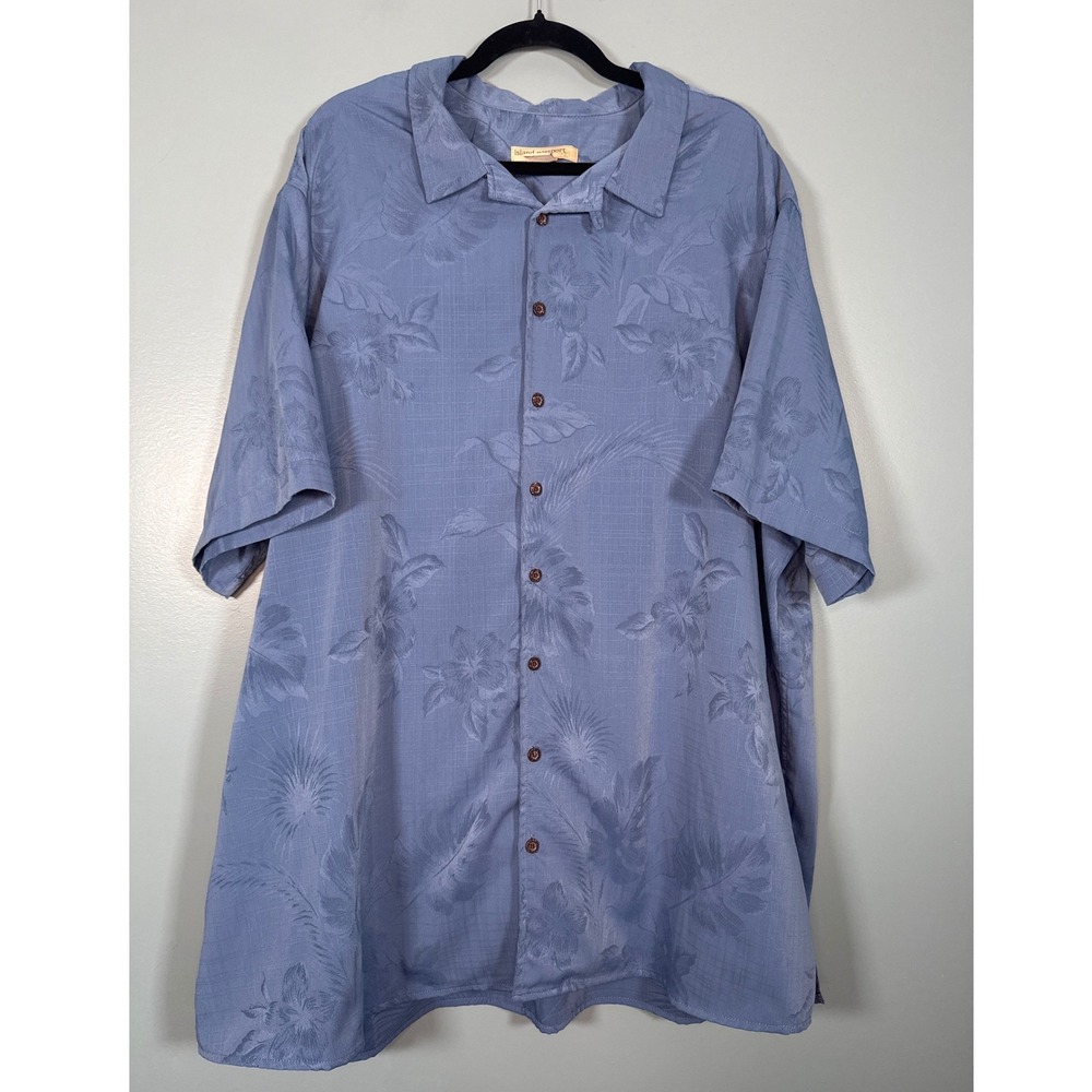 Island Passport Men's Blue Textured Floral Short Sleeve Button Down‎ Shirt 2XLT